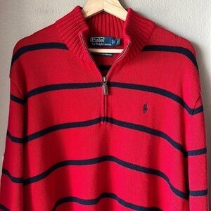 POLO RALPH LAUREN Red and Navy Stripe Long Sleeve Pullover Sweater